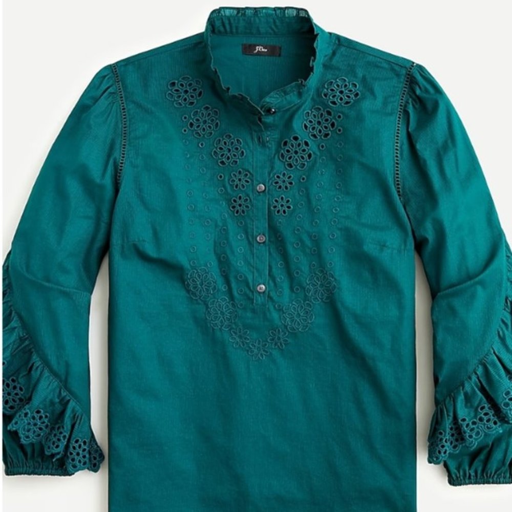 J.Crew Boho Chic Eyelet Blouse NWT | Forest Green | Small | Ruffle Sleeve Cotton